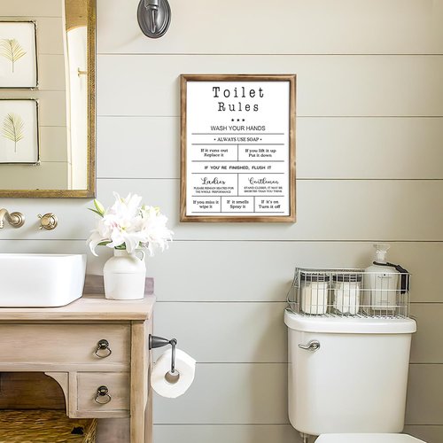 MODE HOME Farmhouse Wall Art - Funny Bathroom Rules Sign in Torched Brown Frame | 14x11 Inch Shabby Chic Decor