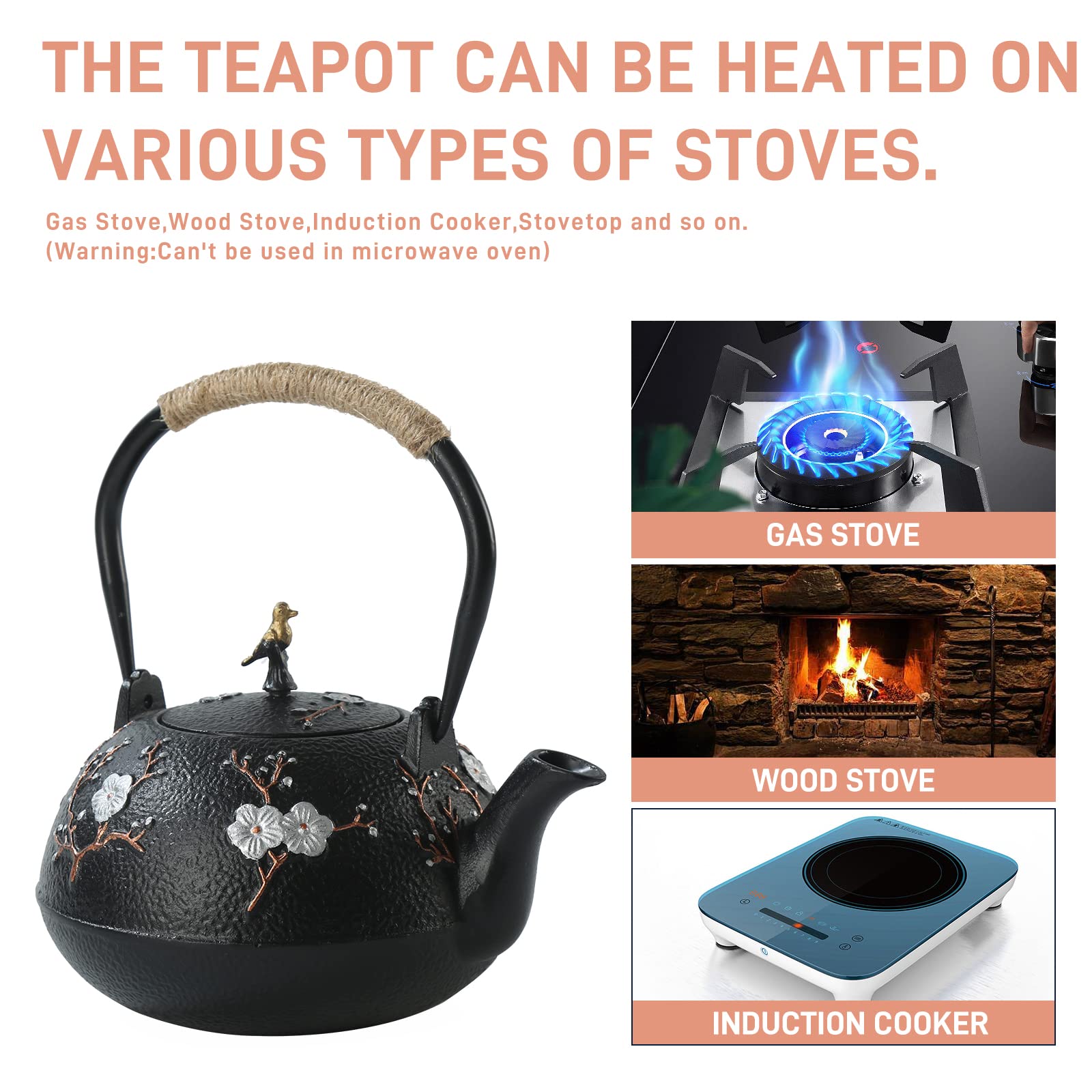 SECHUDO Tea Set Tea Kettle Japanese Style Beautiful Black Cast Iron Teapot Set with 4 Cups,4 Cup Mats,1 Trivet and 1 Lid Holder,40.6oz Teapot with Infuser for Stove Top Safe