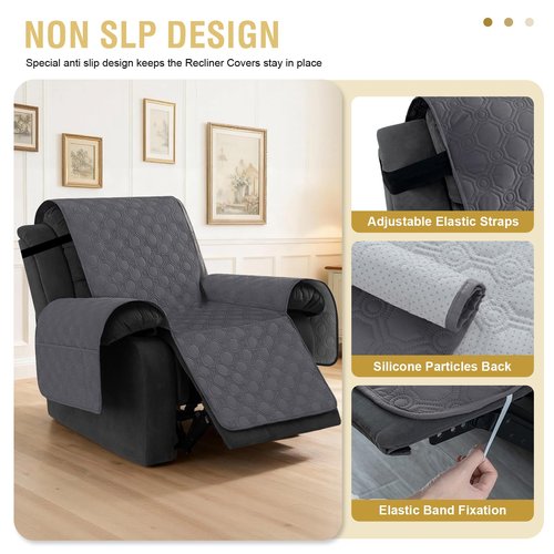 H.VERSAILTEX 100% Waterproof Recliner Chair Covers, Recliner Covers Non-Slip Stay in Place, Thick Cover for Recliner Chair with Pocket, Dog Couch Cover Protector Washable(Grey, 30")