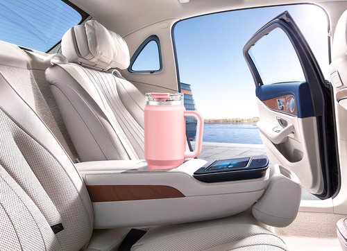 Meoky 32 oz Tumbler with Handle, Insulated Tumbler with Lid and Straw, Stainless Steel Travel Mug, Keeps Cold for 24 Hours, 100% Leak Proof, Fits in Car Cup Holder (Blush)