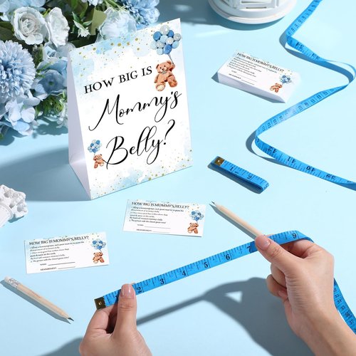 Sabary 64 Pcs Baby Shower Games Include How Big is Mommy's Belly Sign Measure Bump Game 50 Cards 10 Pencils 3 Measuring Tapes for Baby Shower Gender Reveal Party Supplies(Blue Bear)