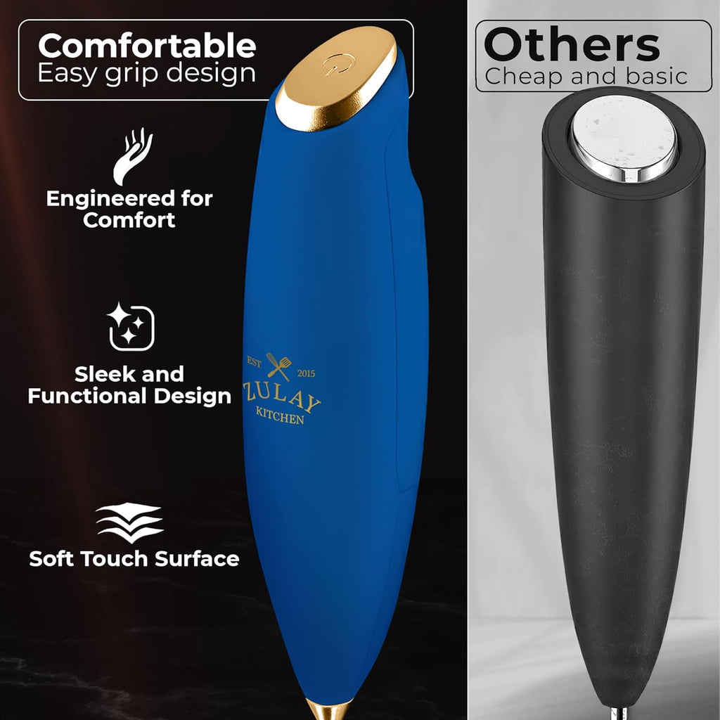 Zulay Kitchen Tornado Triple Whisk Milk Frother - Handheld Foam Maker for Coffee & Lattes - Navy Blue & Gold