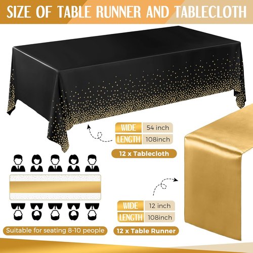 Breling Black and Gold Disposable Tablecloths Set - 24 Packs with Satin Runners | 54 x 108 Inch Tablecloths, 12 x 108 Inch Runners for Weddings, Graduations, and Parties