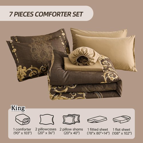 Mybedsoul 7 Pieces Coffee Comforter Set King Size, Damask Bed in a Bag for King Bed, Lightweight Microfiber Boho Bedding Sets with Comforter, Sheet, Pillowcases & Shams for All Season(90"x104")