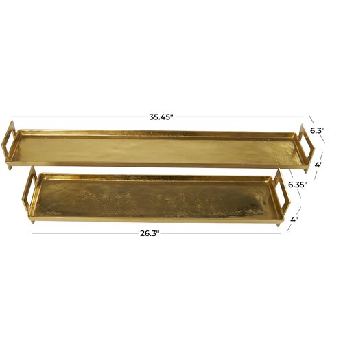 Deco 79 Aluminum Metal Living Room Decor Tray Nesting Ottoman Tray with Gold Handles, Set of 2 Serving Tray 35", 26" W, Brass