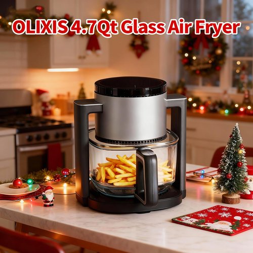 OLIXIS 4.7Qt Glass Air Fryer, Non Toxic Air Fryer with 10 Preset Cook Modes, 395°F Rapid Air Crispy Technology, Roast Bake Dehydrate Reheat, Nonstick & Easy-Clean Basket, 1300W