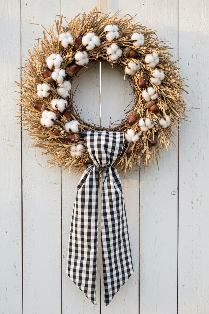 Regine Switzerland Black And White Plaid Wreath - Elegant Front Door Decoration For Halloween & Weddings