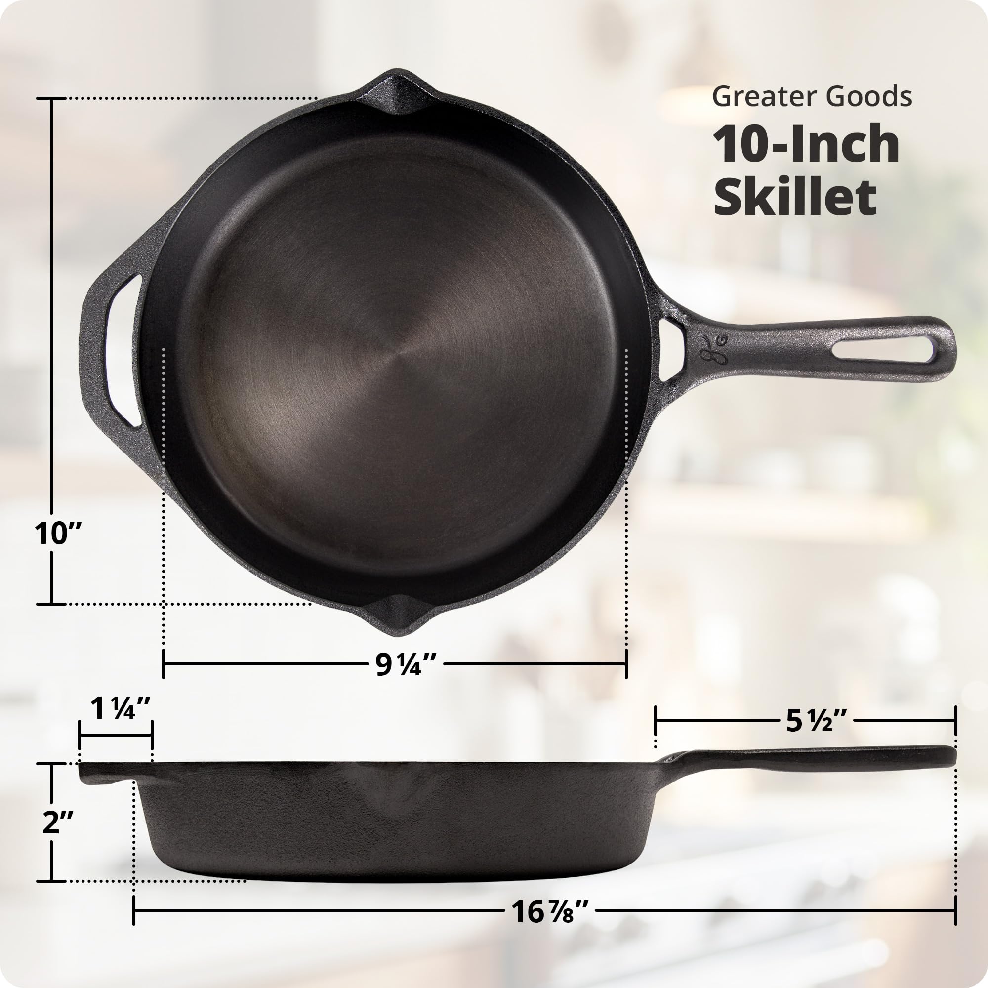Greater Goods 10" Cast Iron Skillet, Smooth Surface, Nonstick-Like Release