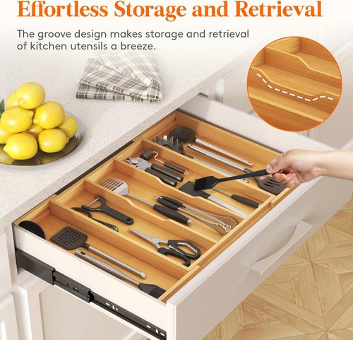 Lifewit Utensil Organizer - Expandable Kitchen Drawer Tray for Cutlery & Flatware | Natural Wood, 15.6-28 x 18.5