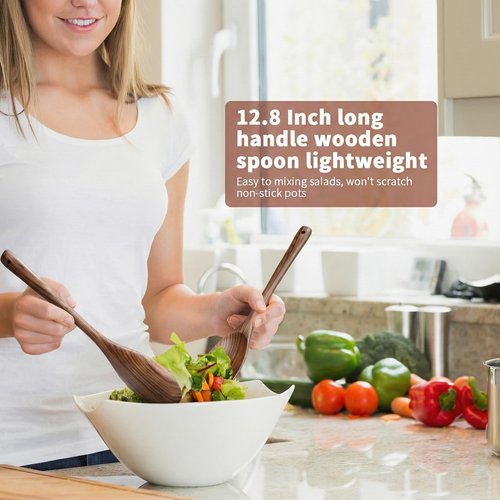 AERZIP 12 Inch Wooden Cooking Spoons, Long Handle Wooden Spoons, Heat Resistant, Large Wood Spoon for Cooking Serving Mixing Salads and Nonstick Cookware (2 PCS)