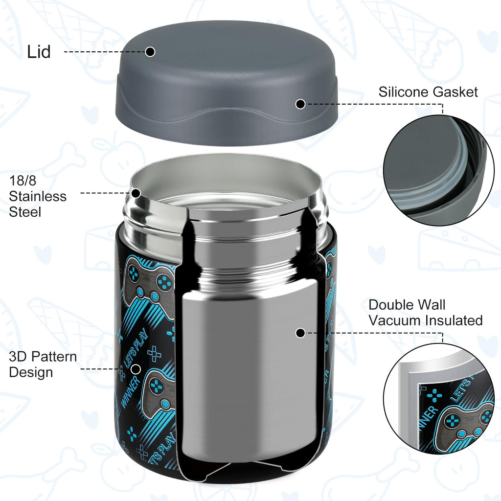 wiwens 12oz Soup Thermo for Hot Food Kids Insulated Food Jar Wide Mouth Lunch Container Leak Proof Stainless Steel Vacuum for School Office Travel Outdoors Black-Gamepad