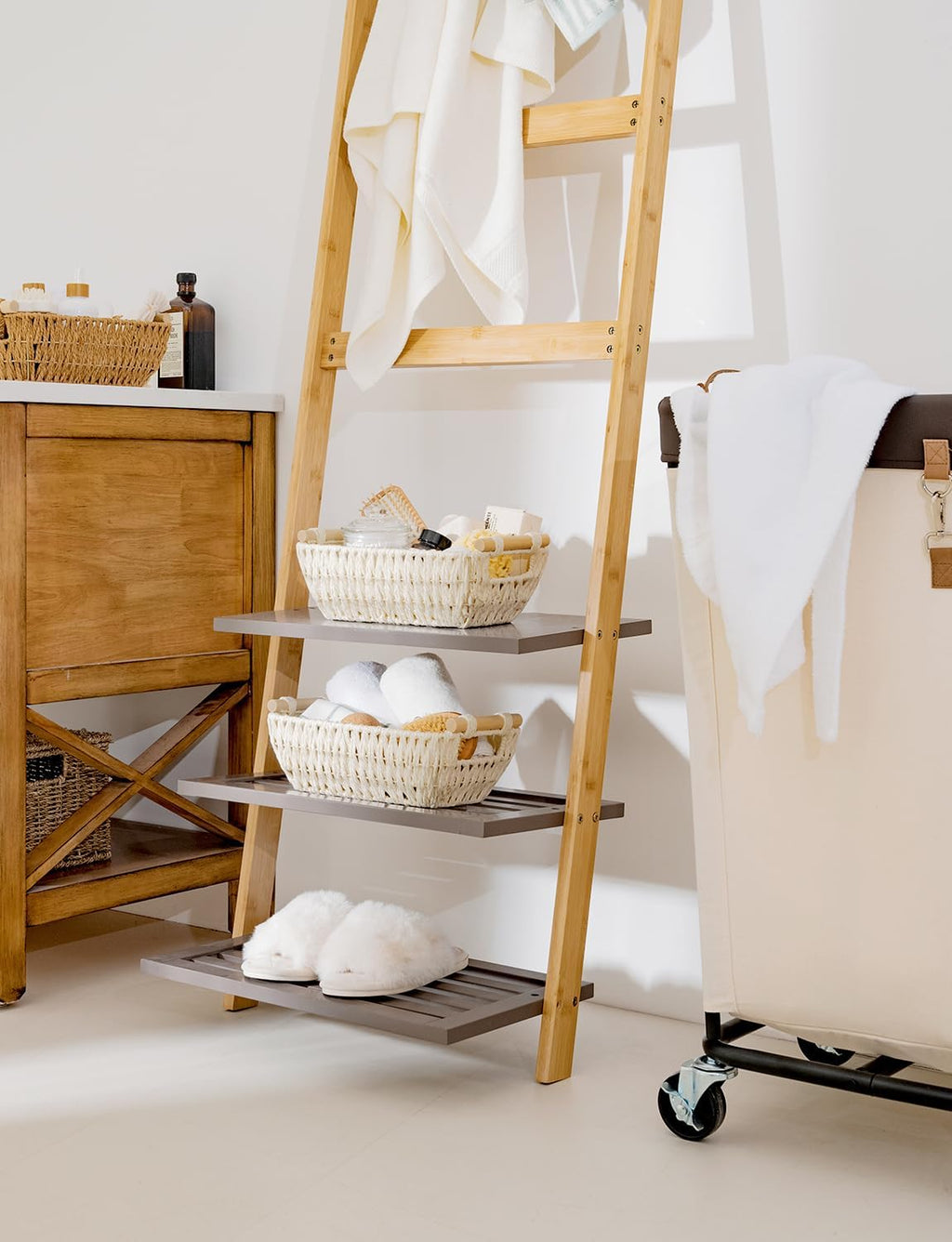 StorageWorks Round Woven Paper Rope Baskets - Stylish Beige 2-Pack with Wooden Handles for Gifts
