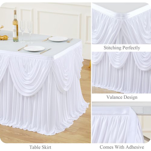 gogoparti White Ruffle Table Skirt for Rectangle Tables 14ft White Tutu Tablecloth for Wedding Birthday Party Bridal Banquet