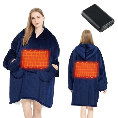 Homemate Heated Wearable Blanket Hoodie - with Battery Pack 7.4V - Oversized Electric Blanket Hoodie for Women Men - Warm Cordless Heated Shawl Portable Heated Robe (Blue)