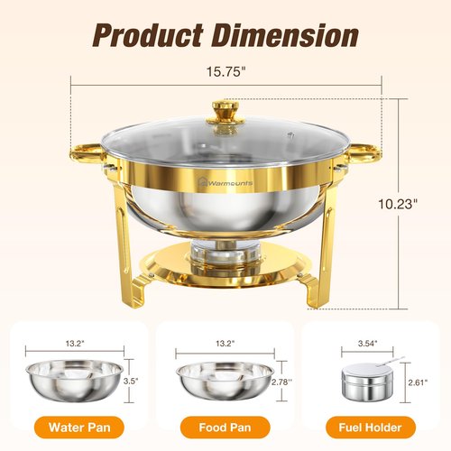 WARMOUNTS Gold Chafing Dishes for Buffet 4 Pack, 5QT Stainless Steel Round Chafers and Buffet Warmers Sets with Glass Lid & Lid Holder, Stackable Design, for Catering Events, Parties, Weddings