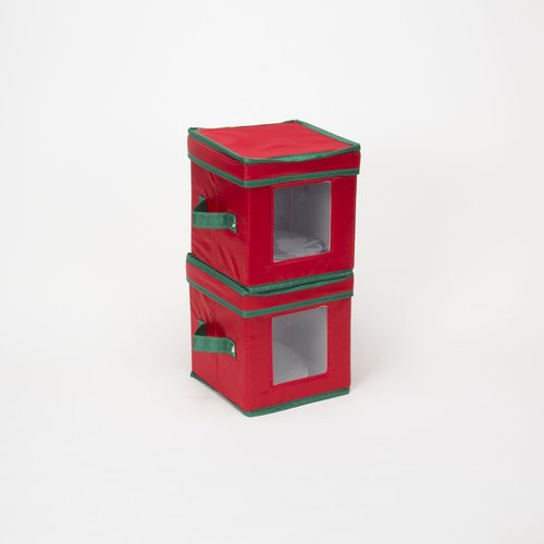 Household Essentials 530RED Holiday China Storage Chest with Lid and Handles | Storage Bin for Small Saucer Plates | Red Canvas with Green Trim