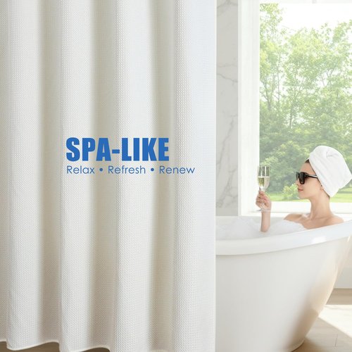 Zemyovia Waterproof No Hooks Waffle Shower Curtain, 260GSM Heavy Duty Fabric, with 10 Durable Split Grommets, Luxury Hotel Spa Style for Bathroom, Machine Washable, 74 x 72 Standard Size, Cream