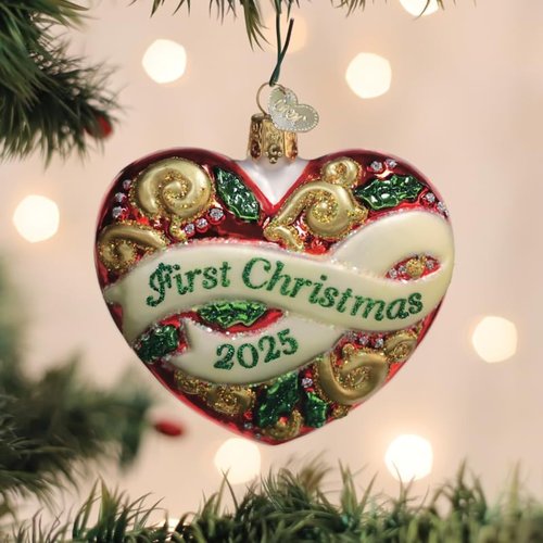 Old World Christmas 2025 First Christmas Heart Glass Blown Ornament for Christmas Tree, Handcrafted Holiday Decoration, First Christmas Collection