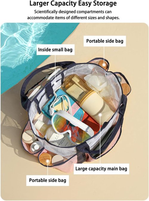 NAJIAKA Mesh Shower Caddy Bag - Portable Pink Organizer with 8 Pockets for College, Beach, Gym, Travel
