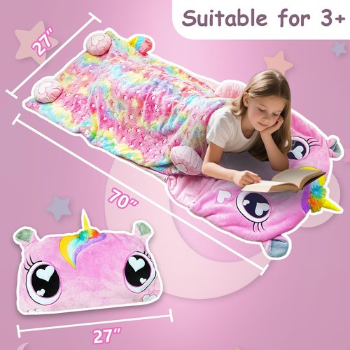Kids Sleeping Bag, Large Unicorn Slumber Bag for Girls Boys, Portable Nap Mat, Preschool Daycare Kindergarten Birthday Gift 3-12 Yr Child, Pink