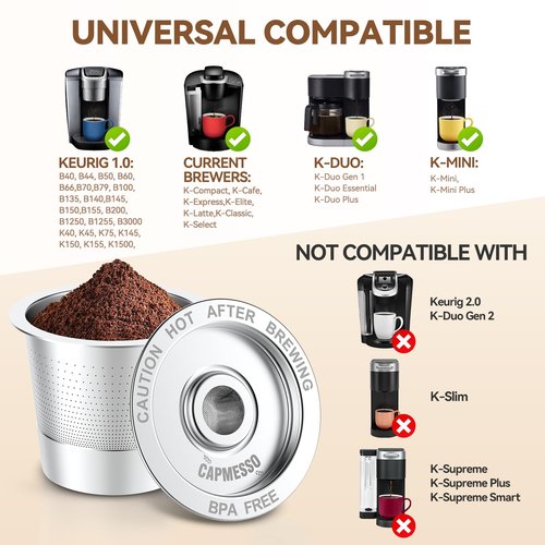 CAPMESSO Reusable K Cups Coffee Pods for Keurig 1.0: Stainless Steel Refillable K Cup - Reusable Coffee Filter for Keurig 1.0 Coffee Maker, Permanent, Eco-Friendly, Innovative Design(2 Pack)