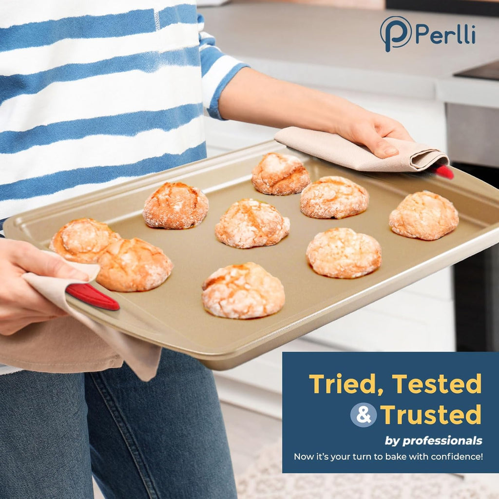 Perlli Baking Kit - Nonstick Gold Steel Oven Set with Silicone Handles | 6-Piece Bakeware Set
