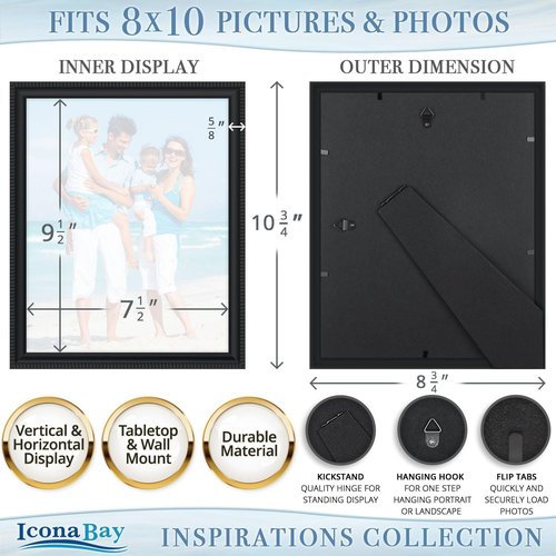 Icona Bay 8x10 Black Picture Frame - Contemporary Design with Detailed Molding | Wall Mount or Table Top