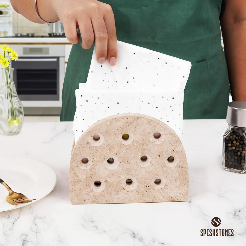 SPESHSTONES Marble Napkin Holder for Table 6.5 Inches Handmade Travertine Paper Napkin Holders for Napkins Everyday - Modern Cocktail Napkin & Tissue Holder for Kitchen Countertop and Bathroom Decor