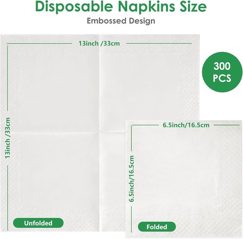 Eco-Friendly Disposable Napkins by [Brand Name] - 300 Pack 13"x13" 2-Ply Soft & Absorbent White Dinner Napkins