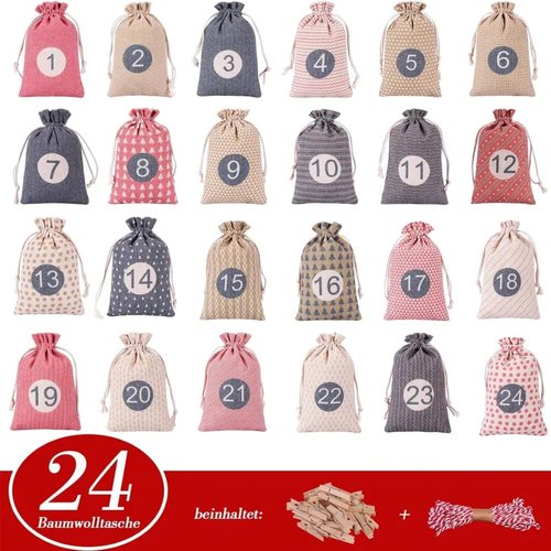 Christmas Advent Calendar Bags, 24 Days Countdown Calendar Burlap bags Hanging Advent Calendar Gift Favors for Xmas Decorations, Reusable Fabric Bags With Drawstring Closure(retro country style)