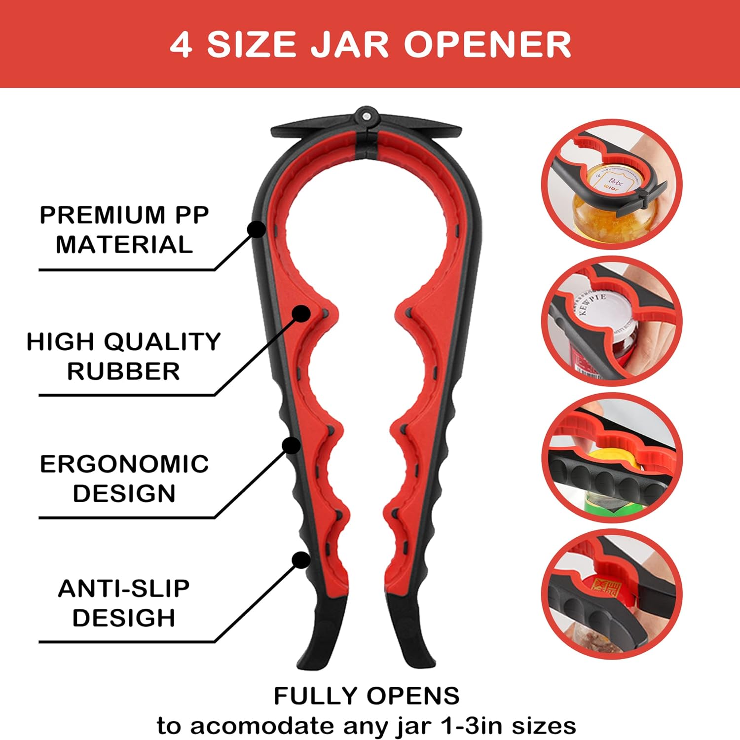 Skiennix Jar Opener - 5-in-1 Multi-Function Tool for Weak Hands & Arthritis | Non-Slip Grip, Red