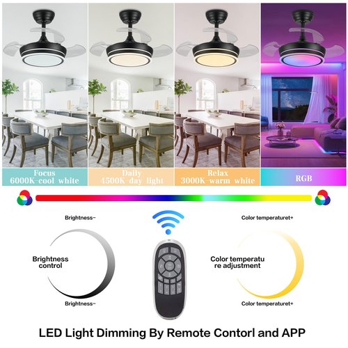 Zynfandor 30" RGB Retractable Fandelier Ceiling Fan Dimmable Chandelier Ceiling Fans with Lights and Remote APP Control for Living Dinning Room Bedroom Black