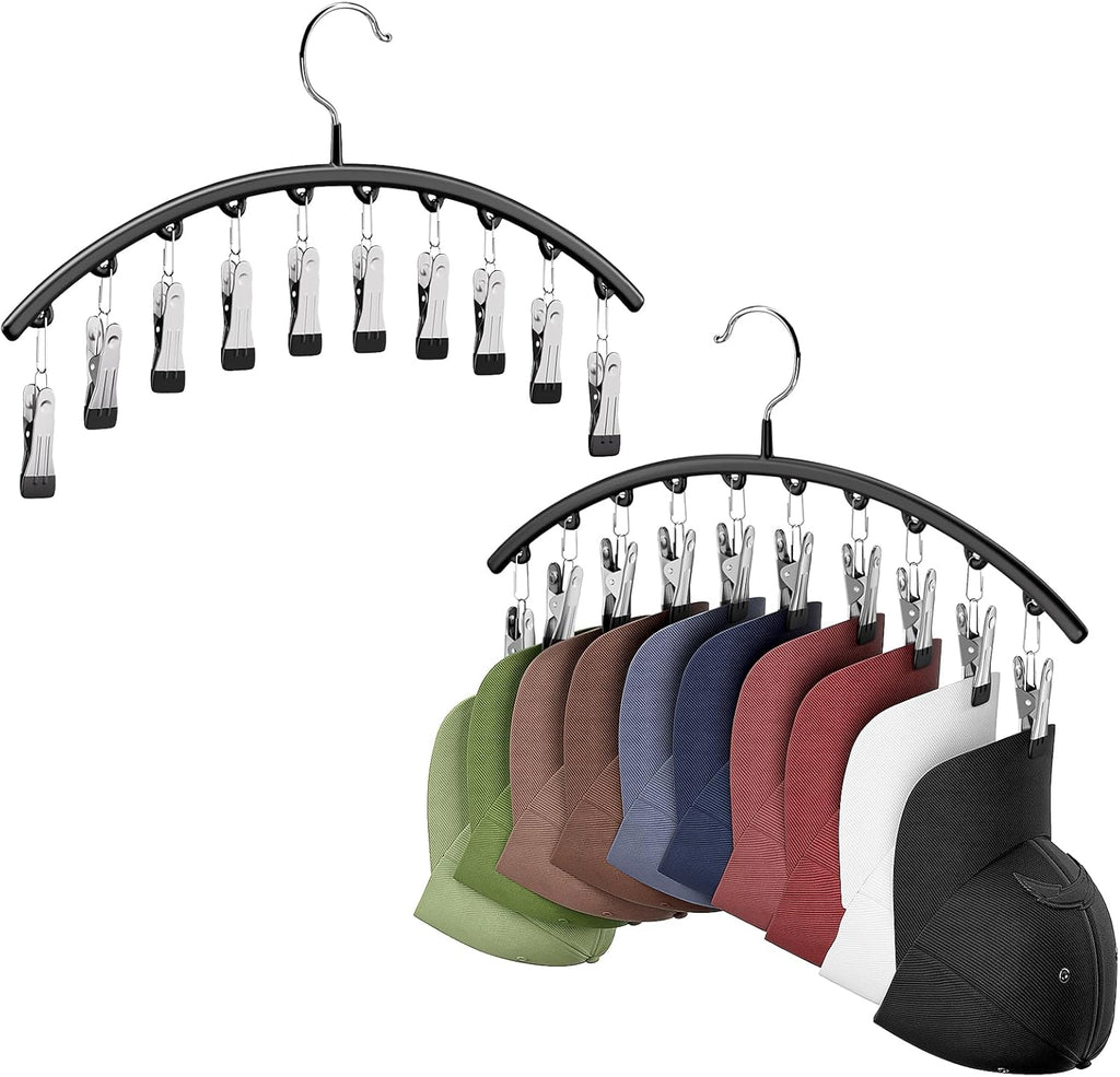 Skiennix Hat Hangers - Metal 2-Pack Hat Organizer with 10 Clips | Black Baseball Cap Holder for Closet
