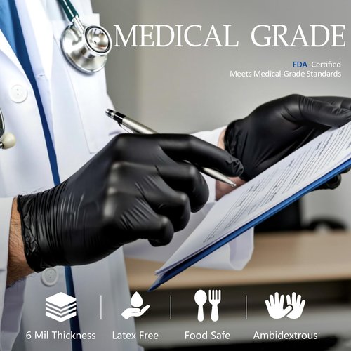 PROMEDIX P Black Disposable Nitrile Gloves, 6Mil 100 Pcs Food Safe Cooking Gloves Latex Free Rubber Gloves for Cleaning Exam Large