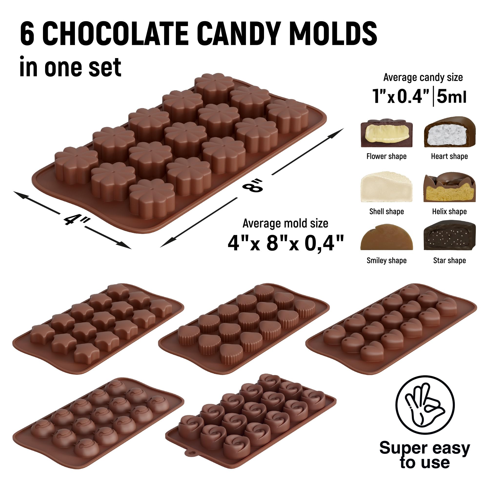 Chocolate Moulds Silicone - Set of 6 - Non-Stick & Food Grade Silicone Chocolate Mould for Jelly Candies, Truffles, Bath Melts & Candles - Free Recipes eBook - Gift-Ready for St.Valentine