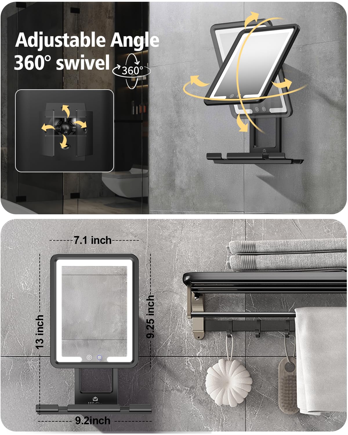 Widitn Lighted Shower Mirror Fogless for Shaving, Heated Fogless Shower Mirror with 3 Colors Stepless Dimmable Lights, Rechargeable Adjustable Shaving Mirror with Razor Stand, Brush Holder for Men
