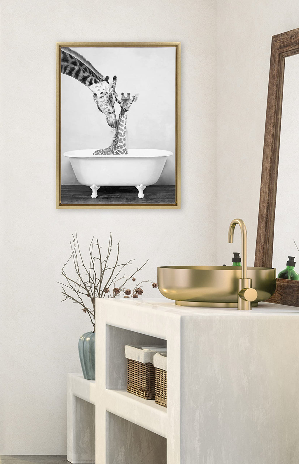 Kate and Laurel Sylvie Giraffe In Tub Framed Canvas Wall Art by Amy Peterson Art Studio; 18x24 Gold; Modern Fun Decorative Bathtub Wall Art for Home Décor