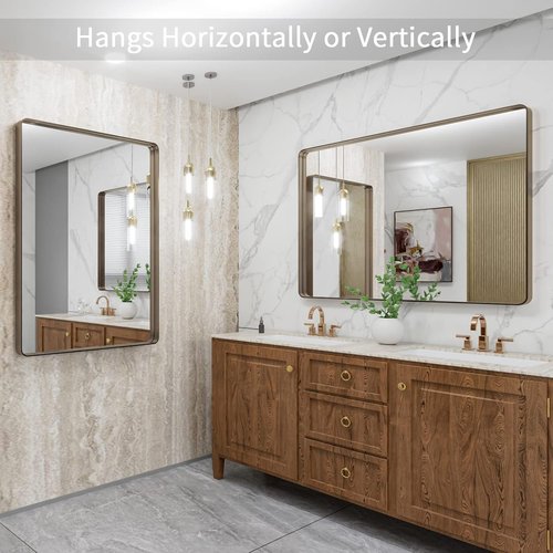 LOAAO Bronze Bathroom Mirror - 40”X30” Rounded Rectangle with Anti-Rust Brushed Frame | Versatile Hanging Options