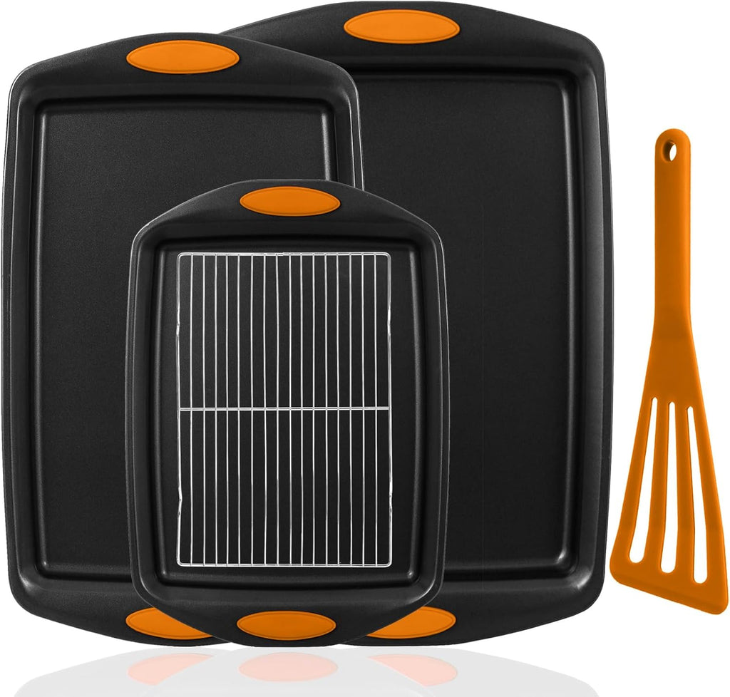 Skiennix 5-Piece Nonstick Baking Pans Set - Premium Carbon Steel Bakeware with Red Silicone Handles | Black & Orange