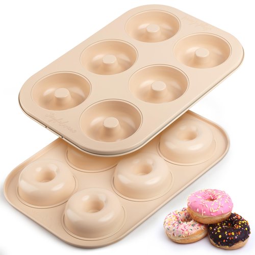 Joyfulware Donut Pan for Baking - Set of 2 Non-stick Donut Pans - Carbon Steel Doughnut Pan - 6 Cavity Full-Sized Donut Molds for Baking - Trendy Beige Donut Baking Pan