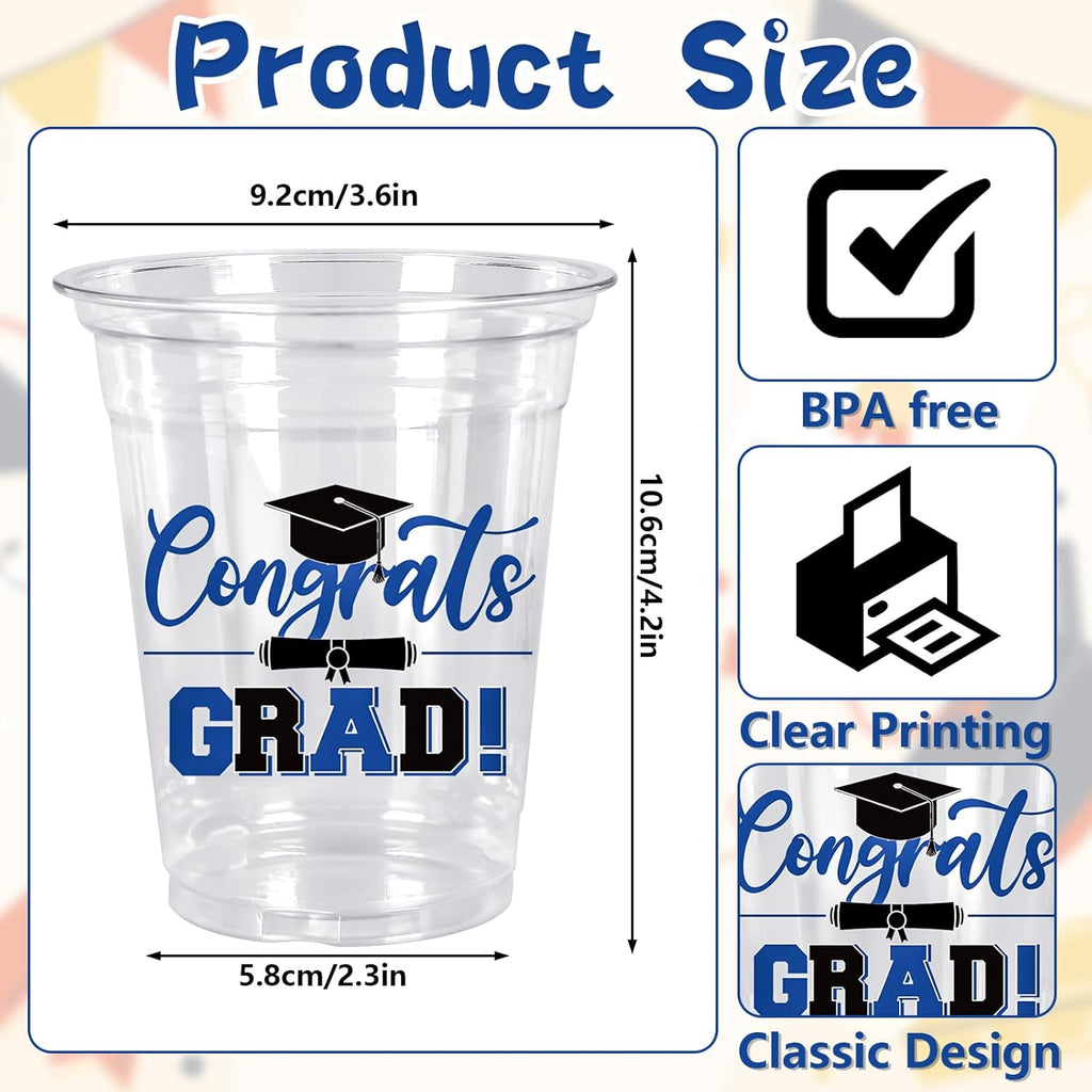 Whaline 50Pcs Graduation Plastic Cups - 12 Oz Clear Disposable Cups for Class of 2026 Party Decor