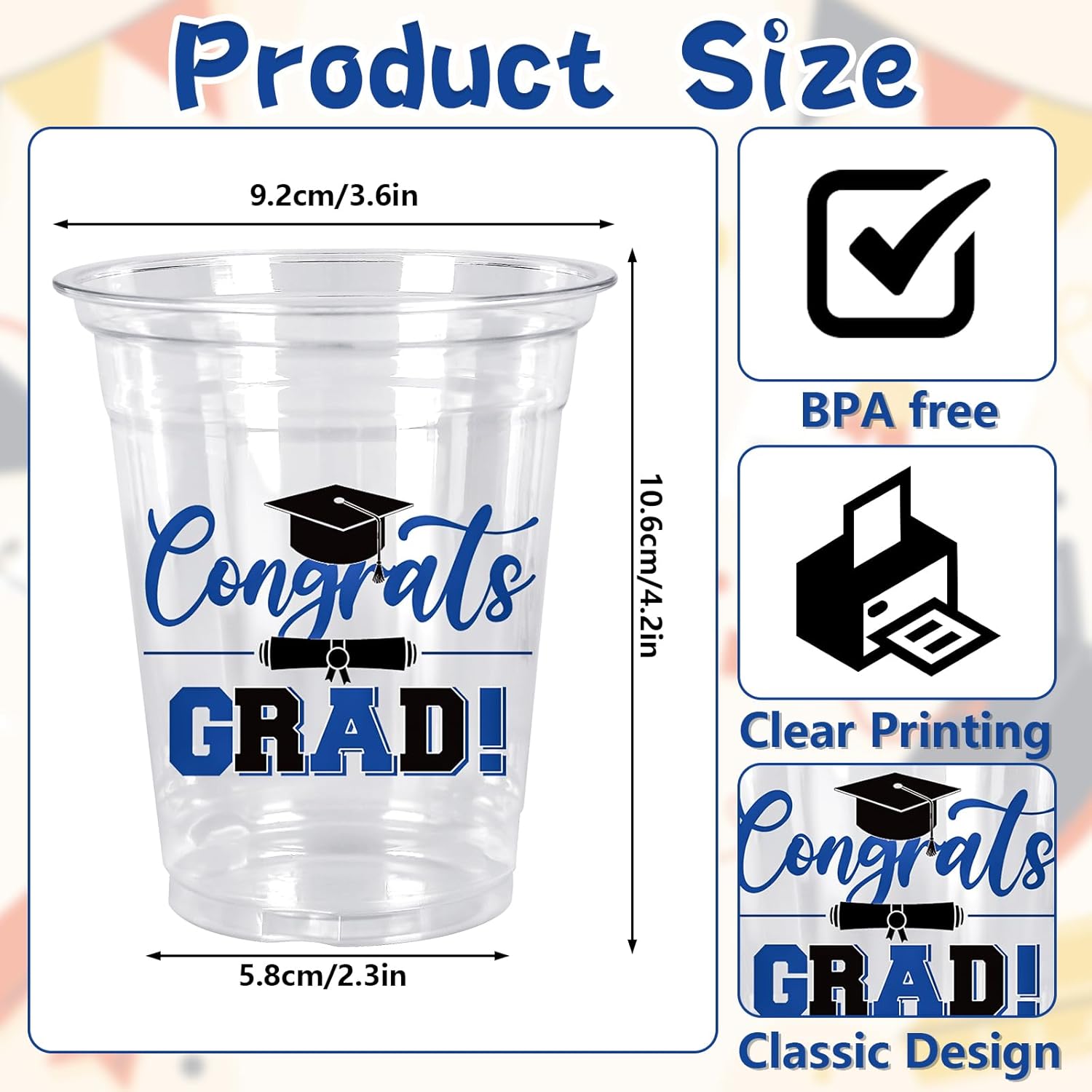Whaline 50Pcs Graduation Plastic Cups - 12 Oz Clear Disposable Cups for Class of 2026 Party Decor