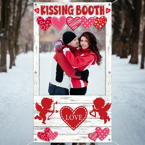 Valentine's Day Party Decorations Kissing Booth Theme Photo Booth Props Cupid Love Heart Banner Valentine Picture Frame for Couple Restaurant Wedding Backdrop Valentines Theme Party Favors Supplies