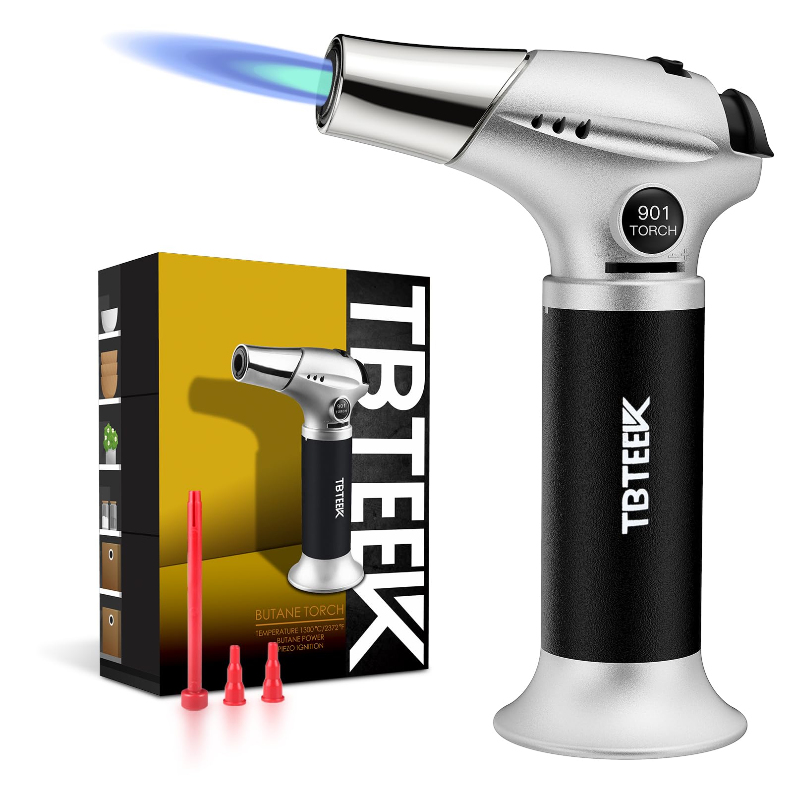 TBTEEK Butane Torch, Kitchen Torch Cooking Torch with Safety Lock & Adjustable Flame for Cooking, BBQ, Baking, Brulee, Creme, DIY Soldering(Butane Not Included)