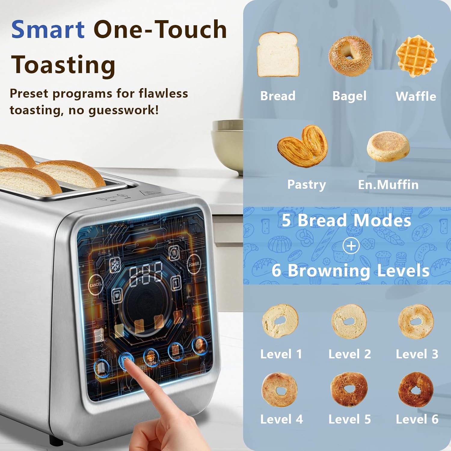 SAKAMOSH 4-Slice Smart Toaster - Touch Screen, 6 Browning Levels, Extra Wide Slots, Stainless Steel