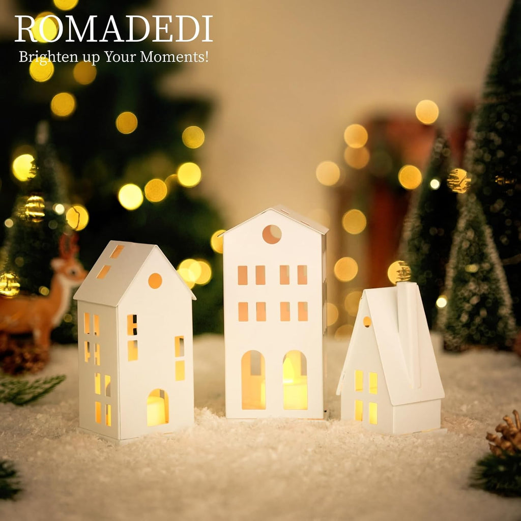 Romadedi Christmas Village Houses - White LED Candle Holders | Set of 3 Light-Up Decorations for Home Decor