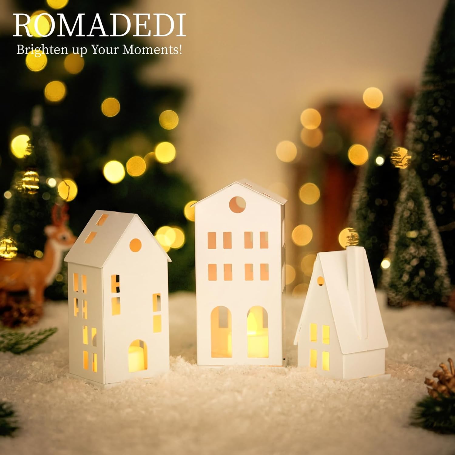 Romadedi Christmas Village Houses - White LED Candle Holders | Set of 3 Light-Up Decorations for Home Decor