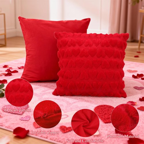 Dqwtb Valentines Pillow Covers Set of 2 18x18 Inch Red Heart Love Decorative Throw Pillows Soft Plush Fabric Hidden Zipper for Valentines Day Bedroom Sofa Holiday Home Decor