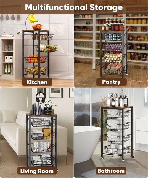 Tigerden Fruit Vegetable Storage Cart for Kitchen, 5-Tier Vegetable Stand Rack with Pull-Out Fruit Baskets, Rolling Snack Cart with Wood Top & Banana Holder for Pantry, Living Room, Bathroom, Black