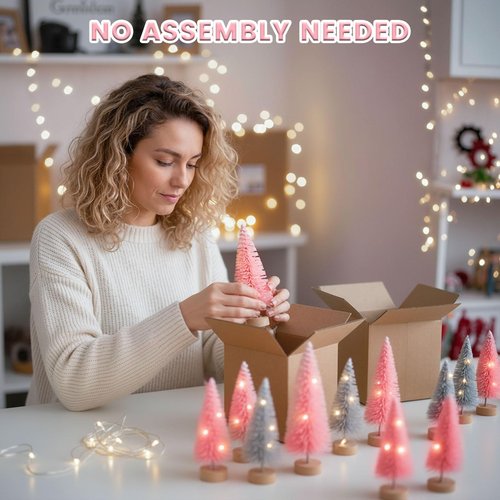 DomeStar 35PCS Mini Christmas Tree, Miniature Christmas Table Decorations 6 Sizes Small Sisal Snow Frost Bottle Brush Trees with Wooden Base for Party Home Crafts Decoration (Pink/Silver)